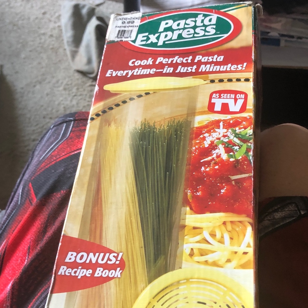 Express Pasta Express Stovetop Pasta Cooker in Yellow and Red Packaging